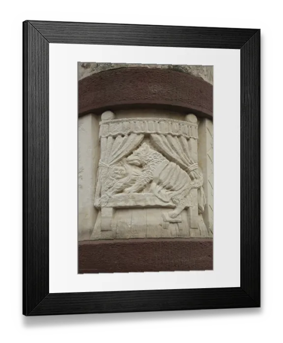 Framed Print : Fairytale fountain with relief of the fairytale Little Red Riding Hood with wolf and bed