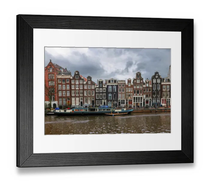 Framed Print : Canal with boats and historic houses