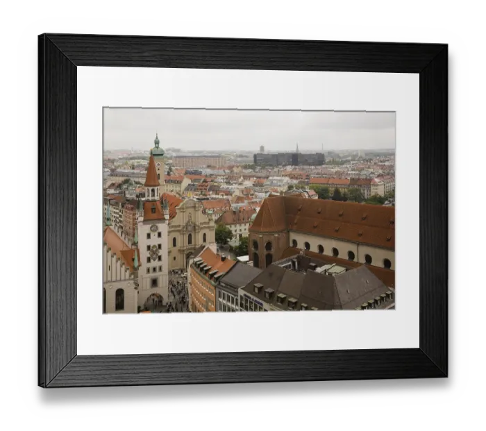 Framed Print : High angle view of buildings with traditional terracotta ceramic tiled rooftops surrounding the Marienplatz Square