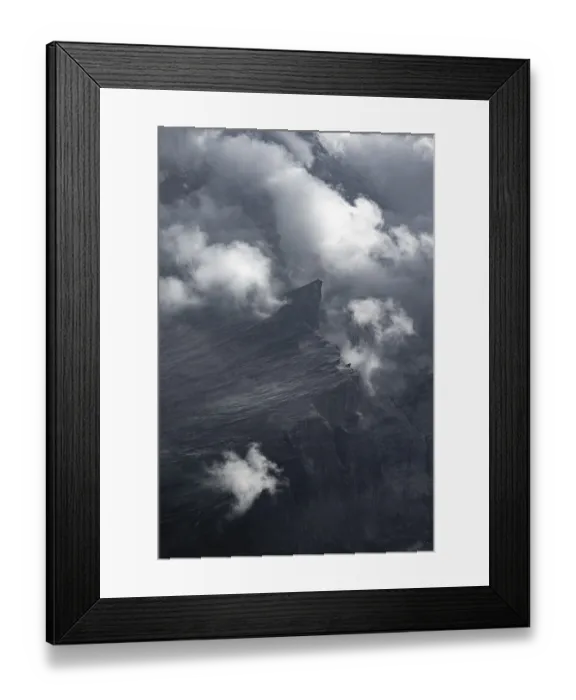 Framed Print : Rocks in fog, mountain landscape with dramatic clouds Framed Print : Rocks in fog, mountain landscape with dramatic clouds