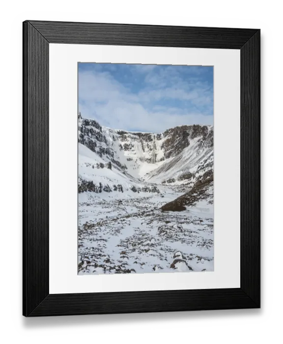 Framed Print : Hengifoss Waterfall, snowy landscape with river Hengifossa Framed Print : Hengifoss Waterfall, snowy landscape with river Hengifossa