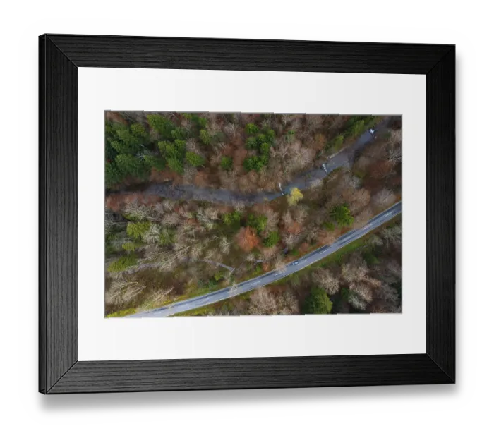 Framed Print : Drone shot, Wangauer Ache with federal road and autumnal mixed forest from above