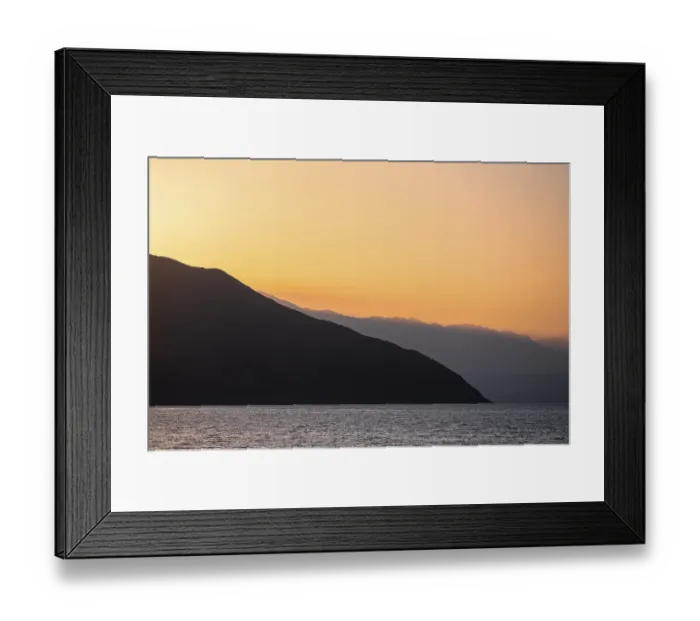 Framed Print : Lake and mountain landscape at sunset