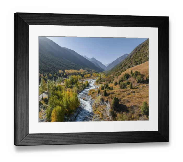 Framed Print : Aerial view, mountain stream Ala Archa flows through the Ala Archa valley Framed Print : Aerial view, mountain stream Ala Archa flows through the Ala Archa valley
