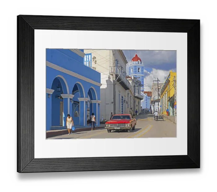 Framed Print : Red American classic car and bell tower of the Parroquial Mayor Framed Print : Red American classic car and bell tower of the Parroquial Mayor