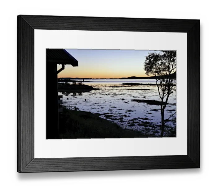 Framed Print : Sunset at a campsite, quiet fjord