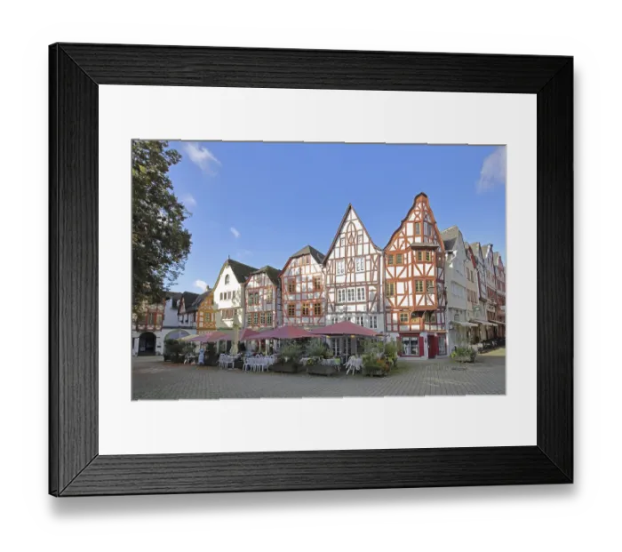 Framed Print : Half-timbered houses with street bar Framed Print : Half-timbered houses with street bar