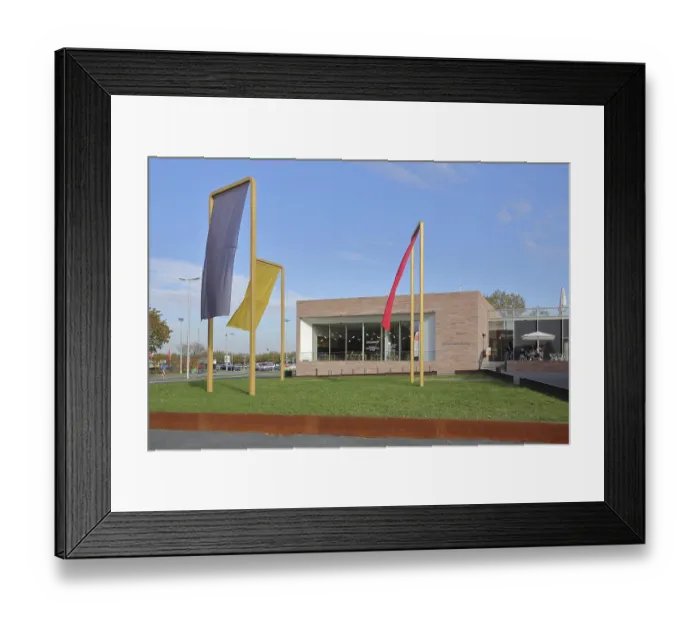 Framed Print : Art installation by Michael Sailstorfer with three colours of the German national flag at the restaurant of