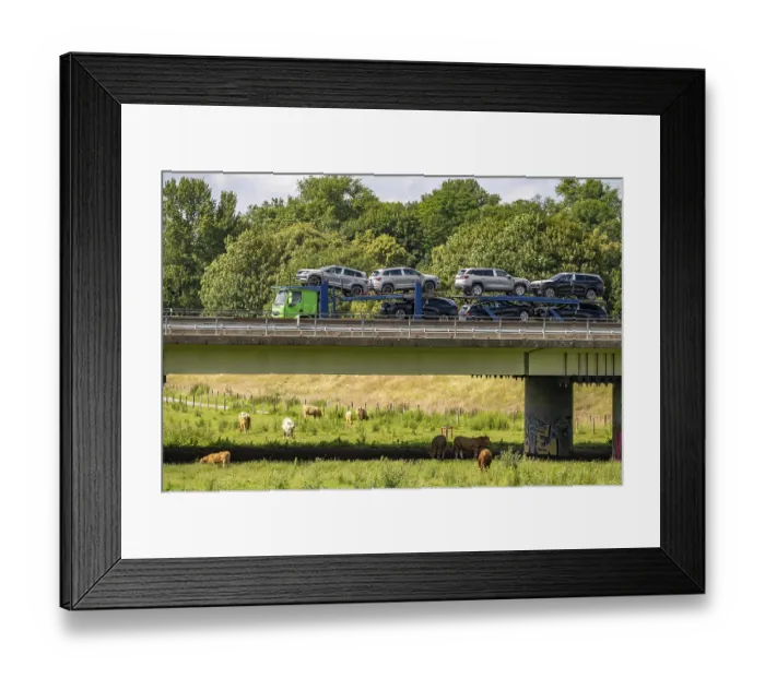 Framed Print : Lorry on the A40 motorway, bridge over the Ruhr and Styrumer Ruhrauen