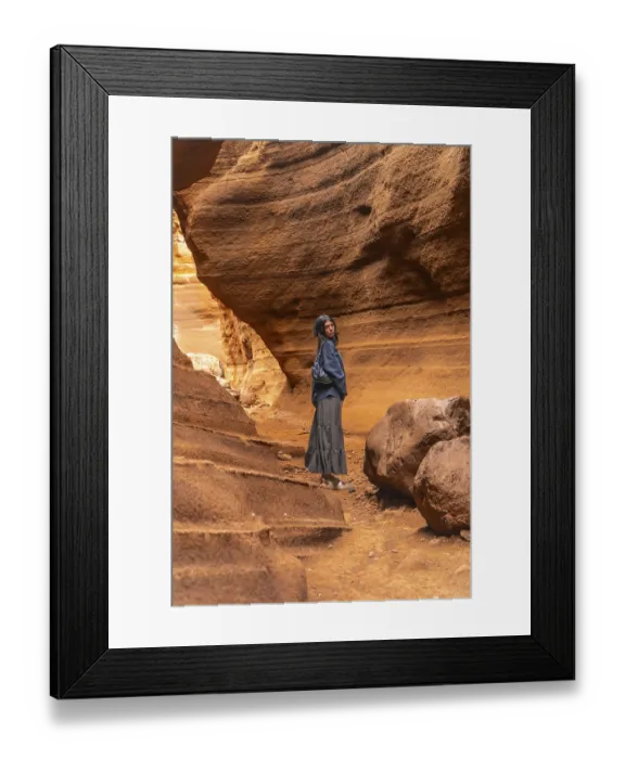 Framed Print : Tourist walking through the unique rock formations of barranco de las vacas Framed Print : Tourist walking through the unique rock formations of barranco de las vacas