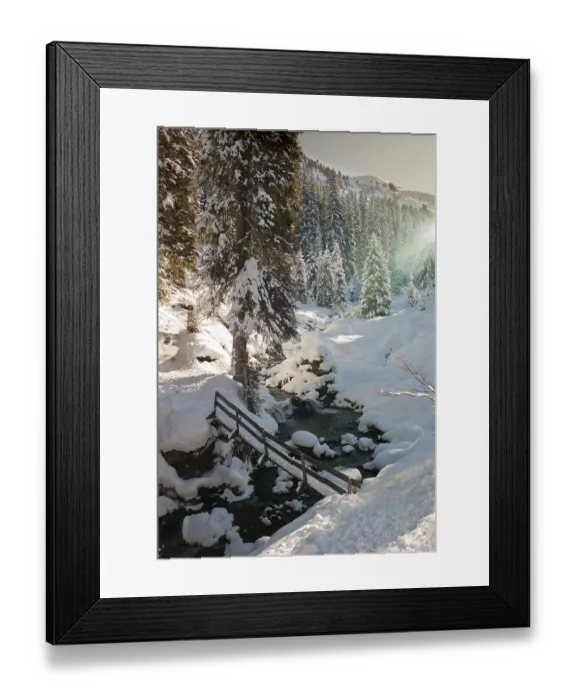 Framed Print : Snow-covered forest and a bridge, Austria, Europe