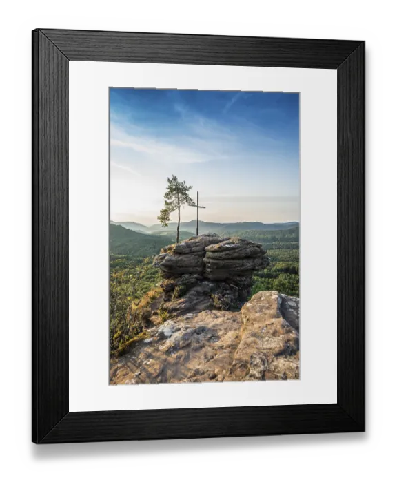 Framed Print : Sandstone rock with pine tree and summit cross Framed Print : Sandstone rock with pine tree and summit cross