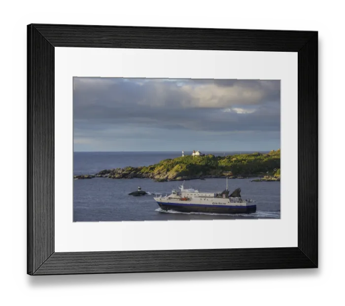 Framed Print : Car ferry and lighthouse, Moskenes