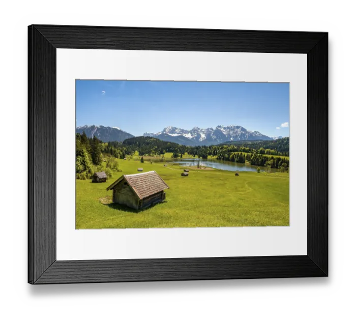 Framed Print : Hay barn in a meadow at Geroldsee
