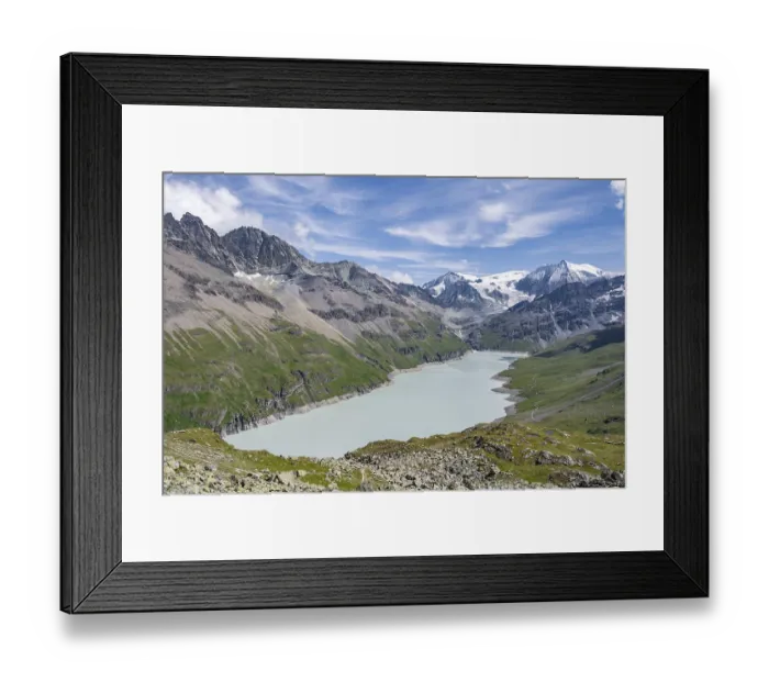 Framed Print : Blue mountain lake in a mountain landscape with glaciers