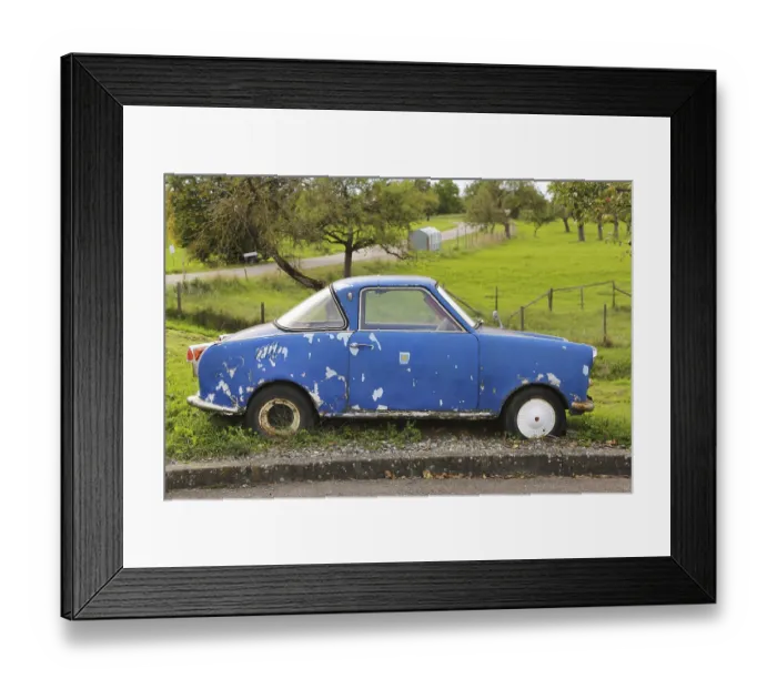 Framed Print : Vintage car, blue Goggomobil, damaged paint