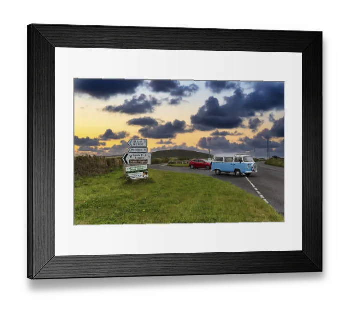 Framed Print : Old VW bus, vintage car, next to direction signs to St Just Framed Print : Old VW bus, vintage car, next to direction signs to St Just