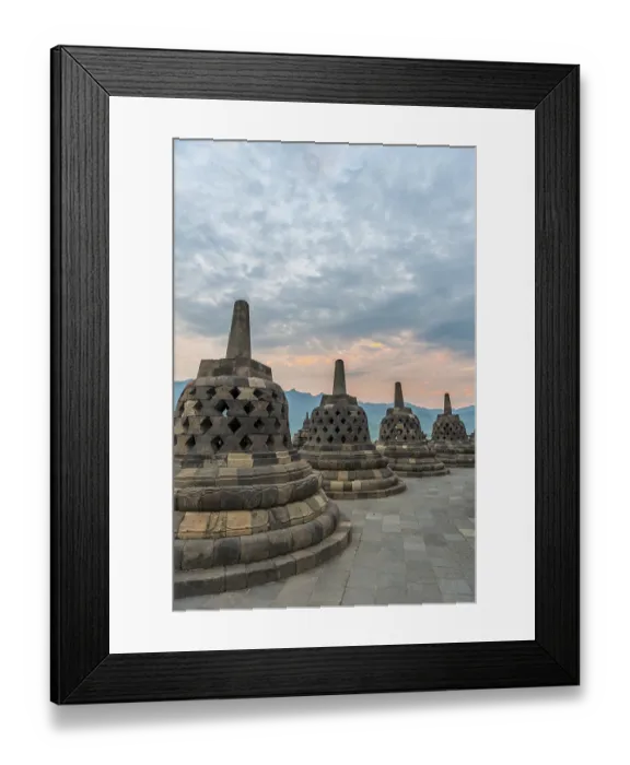 Framed Print : Borobudur temple, stupas, cloudy sky Framed Print : Borobudur temple, stupas, cloudy sky
