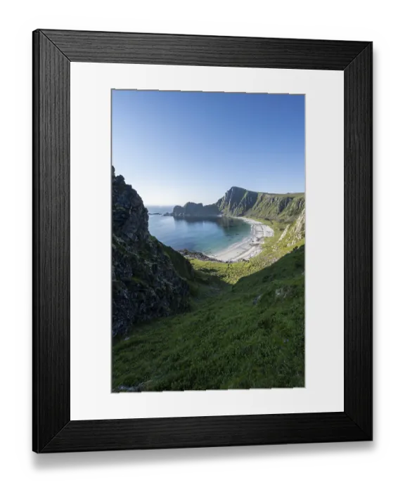 Framed Print : Cliffs, beach and sea, hike to the mountain Matinden