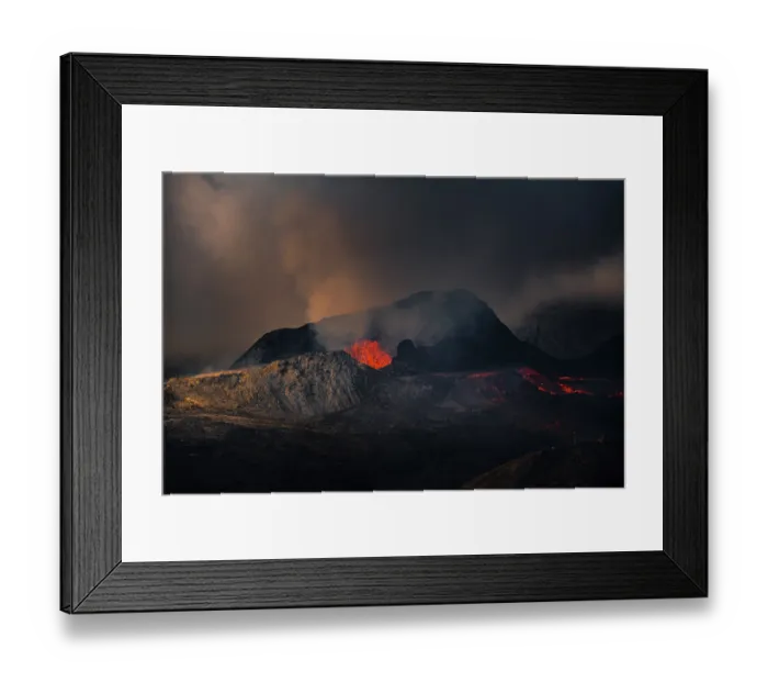 Framed Print : Erupting volcano with lava fountains and lava field Framed Print : Erupting volcano with lava fountains and lava field