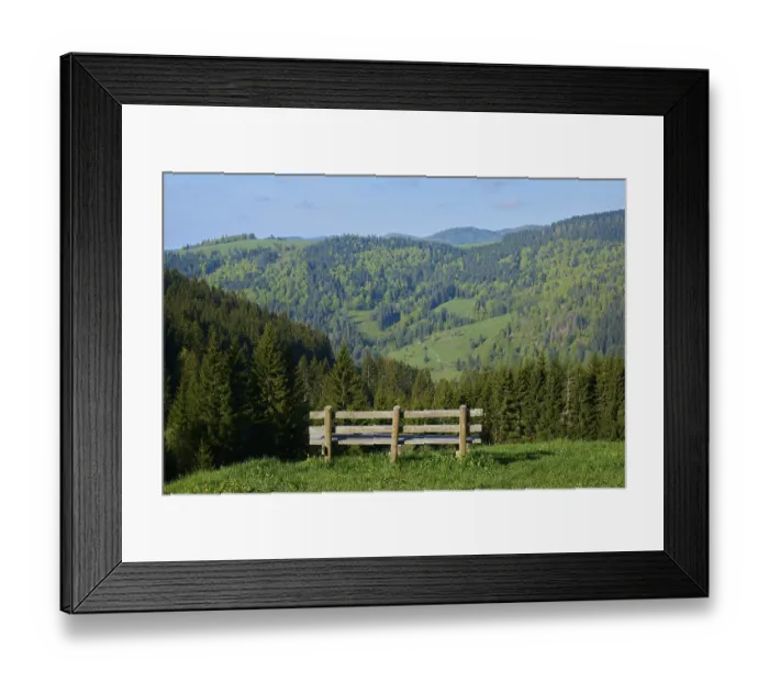 Framed Print : Low mountain landscape, wooden bench