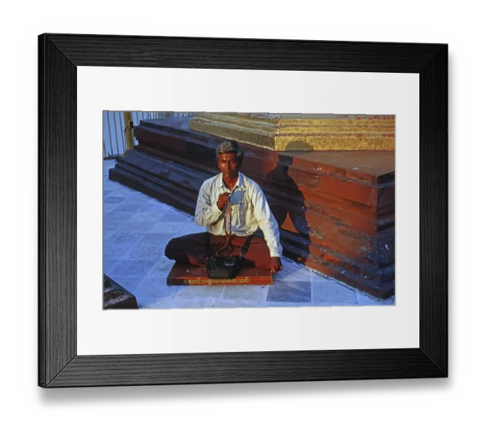 Framed Print : Burmese meditating with a rosary in the Shwedagon Pagoda