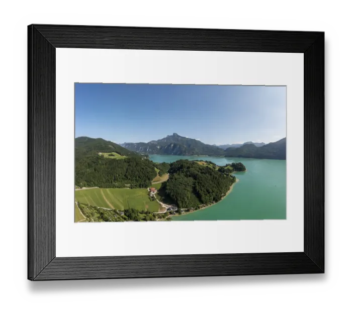 Framed Print : Drone shot, Pichl Auhof at Mondsee with Schafberg