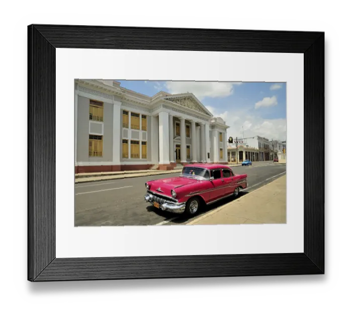 Framed Print : Pontiac, classic car parked in front of the Colegio San Lorenzo school next to Parque Marti park