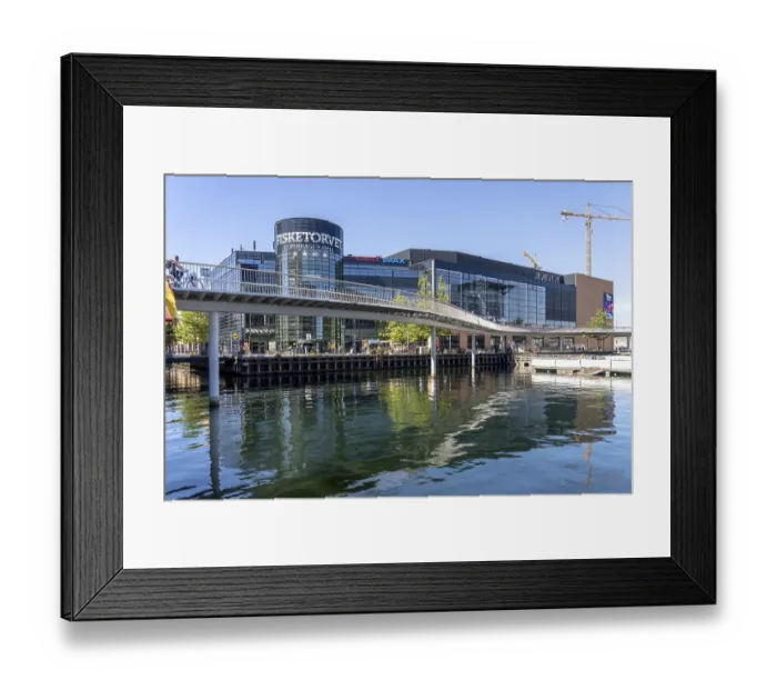 Framed Print : Cycle bridge Cykelslangen and the Fisketorvet Copenhagen Mall at the harbour of Copenhagen