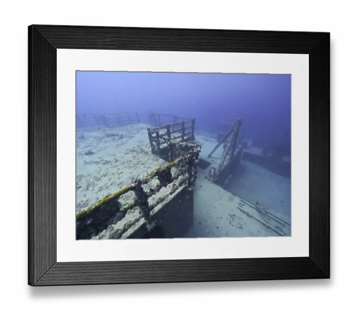 Framed Print : Deck and steel stairs of an abandoned shipwreck under water Framed Print : Deck and steel stairs of an abandoned shipwreck under water
