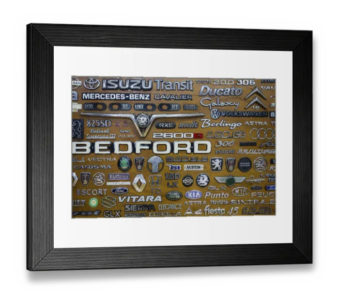 Framed Print : Collection of vehicle logos, car brand boot badges Framed Print : Collection of vehicle logos, car brand boot badges