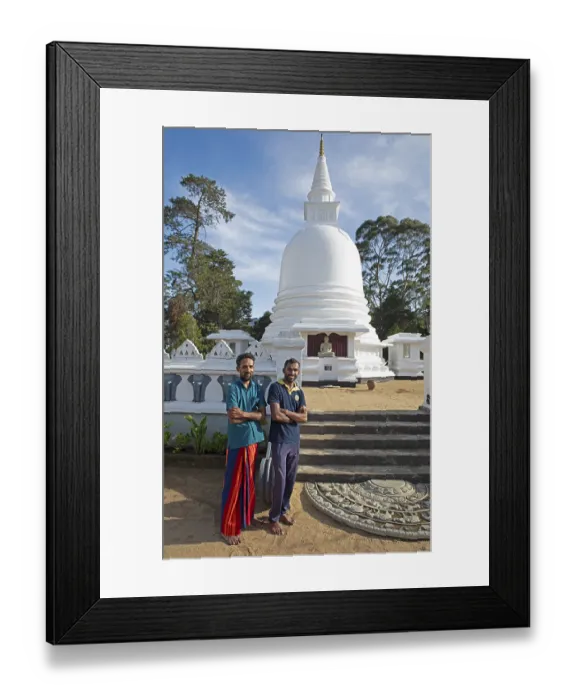 Framed Print : Sri Lankan men at the Chayathi Stupa in the International Buddhist Centre Temple