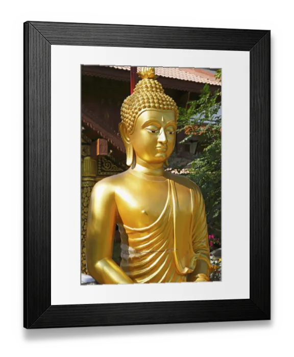 Framed Print : Golden Buddha figure in front of Wat Phra Bat Ming Muang Framed Print : Golden Buddha figure in front of Wat Phra Bat Ming Muang