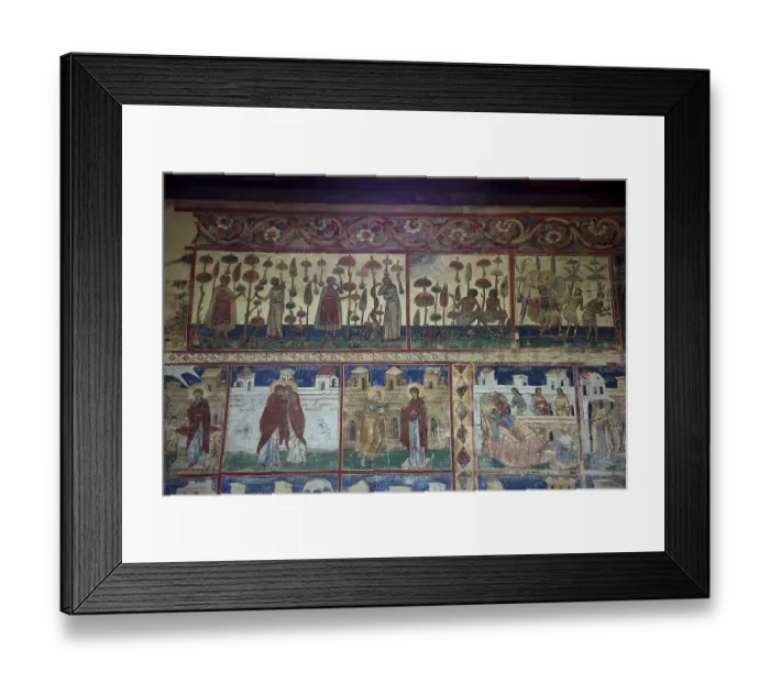 Framed Print : Frescoes on the outer wall. The Voronet Monastery