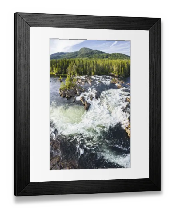 Framed Print : Rapids in the river Namsen, coniferous forest