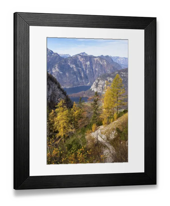 Framed Print : View from the slopes of the Dachstein mountains to the hiking trail to the ice cave Framed Print : View from the slopes of the Dachstein mountains to the hiking trail to the ice cave