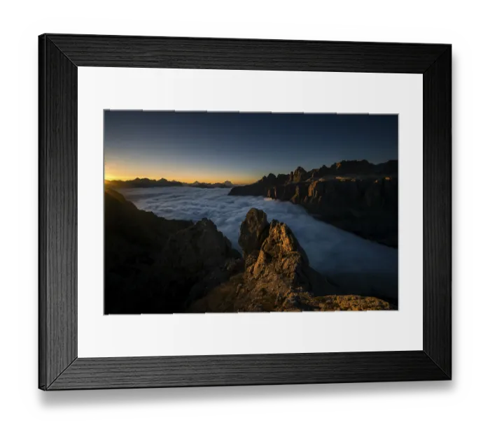 Framed Print : Sunrise over a sea of fog and Dolomite peaks in the background Framed Print : Sunrise over a sea of fog and Dolomite peaks in the background