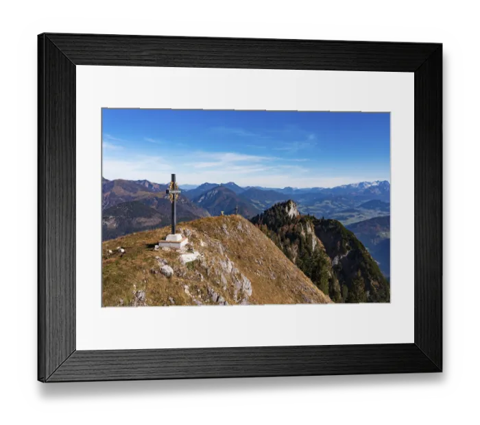 Framed Print : Drone shot, summit cross on the Schwarzer Berg with a view of the Gschirrwand Framed Print : Drone shot, summit cross on the Schwarzer Berg with a view of the Gschirrwand