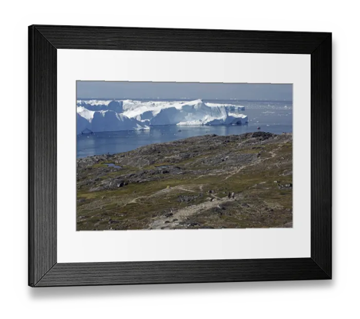 Framed Print : Boats in a bay with huge icebergs Framed Print : Boats in a bay with huge icebergs