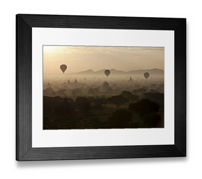 Framed Print : Hot air balloons over landscape with stupas Framed Print : Hot air balloons over landscape with stupas