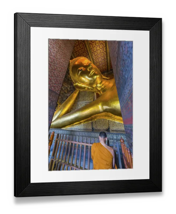Framed Print : Reclining Buddha with praying monk in Wat Pho temple Framed Print : Reclining Buddha with praying monk in Wat Pho temple