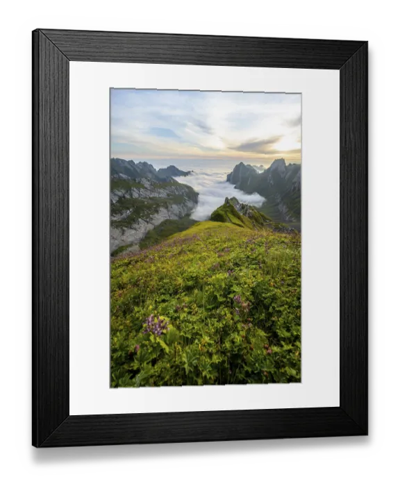 Framed Print : View over Saentis mountains into the valley of Meglisalp at sunrise