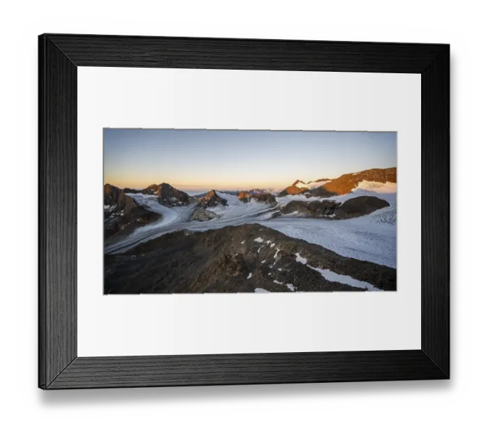 Framed Print : Picturesque high mountain landscape at sunrise with alpenglow Framed Print : Picturesque high mountain landscape at sunrise with alpenglow