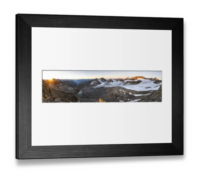 Framed Print : Panorama at sunrise with alpenglow
