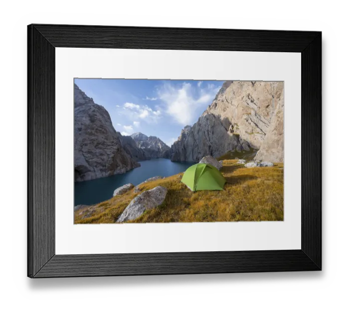 Framed Print : Wild camping, camping in the wilderness with a tent in front of mountain lake Kol Suu