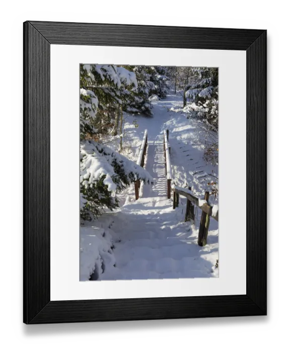 Framed Print : Snow-covered wooden bridge in a winter forest Framed Print : Snow-covered wooden bridge in a winter forest