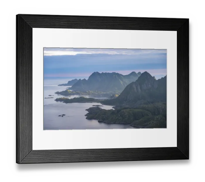 Framed Print : View of coast in Raftsund fjord and mountains in the evening light Framed Print : View of coast in Raftsund fjord and mountains in the evening light