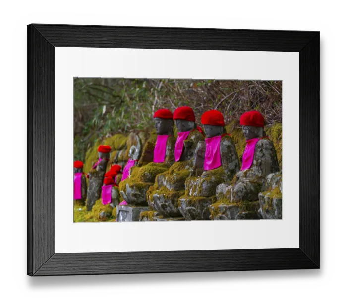 Framed Print : Jizo statues with red caps, protective deities for deceased children Framed Print : Jizo statues with red caps, protective deities for deceased children
