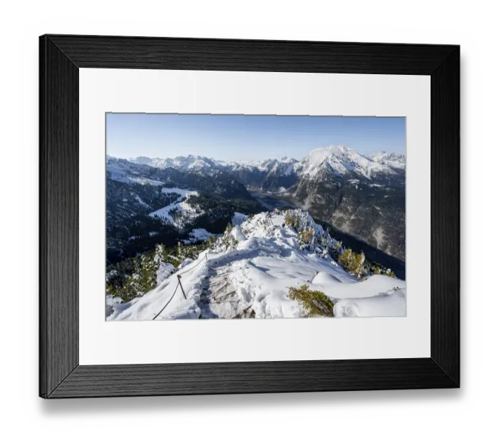 Framed Print : Hiking trail on the snow-covered summit of the Jenner with viewing platform in autumn