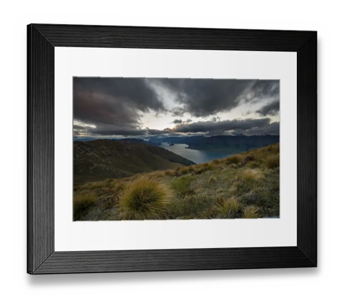 Framed Print : View of Lake Wanaka at sunset, lake and mountain landscape